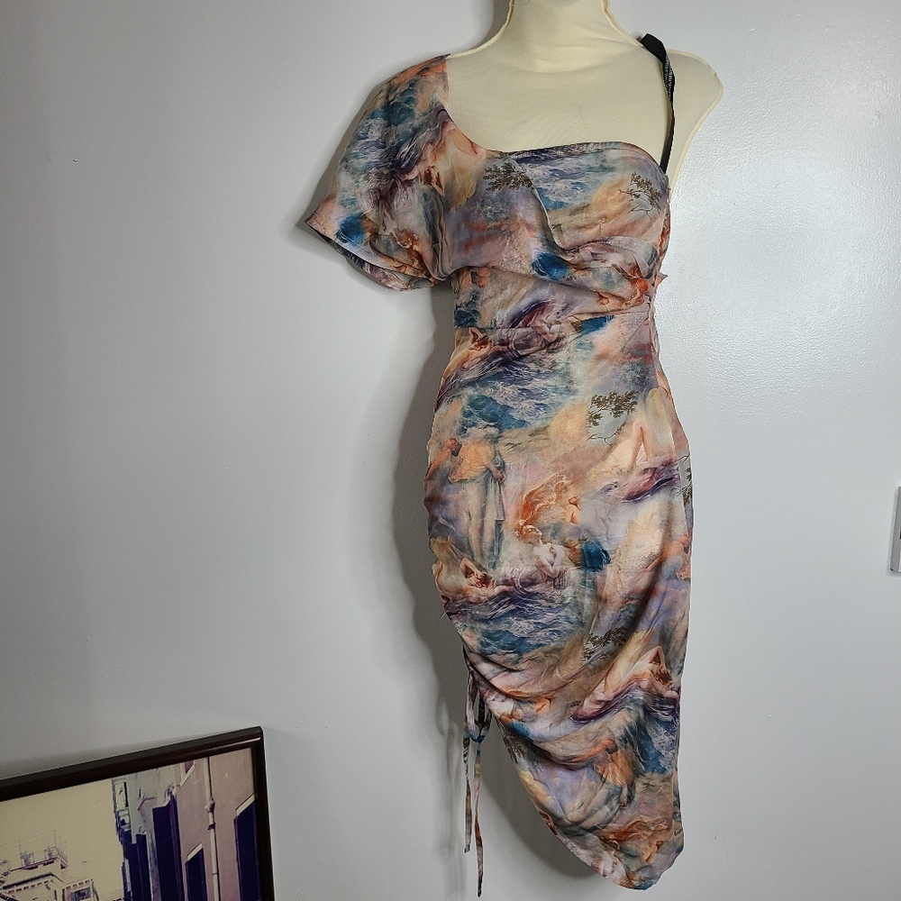 Multi Renaissance Print One Shoulders Ruched Dress - Picture 3 of 15